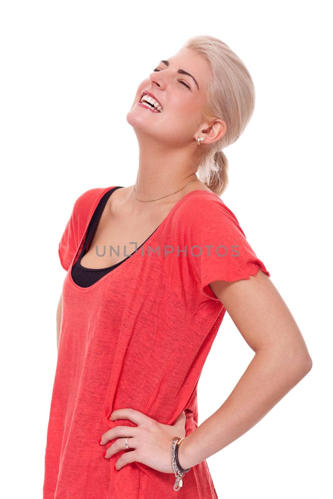 Attractive blonde woman with red casual trendy top portrait isolated against white background