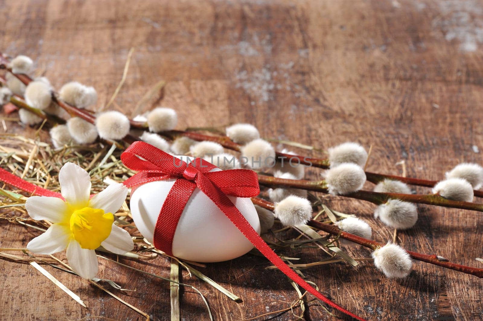 Palm kitten and white Easter egg with red bow on old wood
