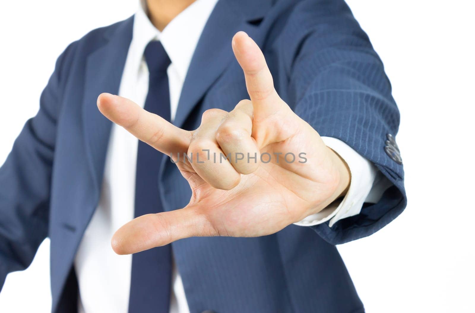 Businessman in Blue Suit Show I Love You Sign or Thumb and Finger and Little Finger Isolated on White Background. Concept about Love or Romance