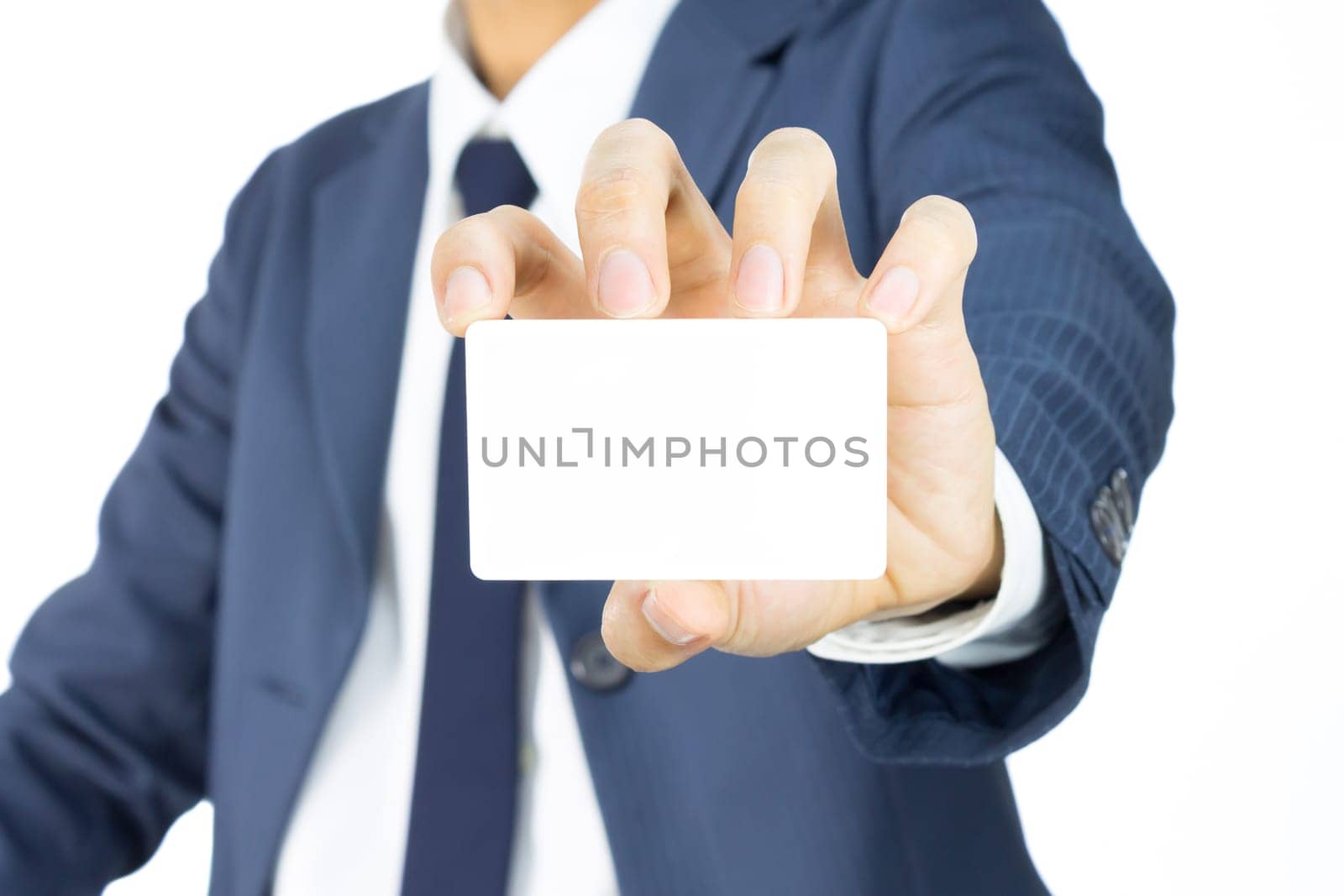 Businessman in Blue Suit Show Business Card or White Card Isolated on White Background for Design about Organization or Company