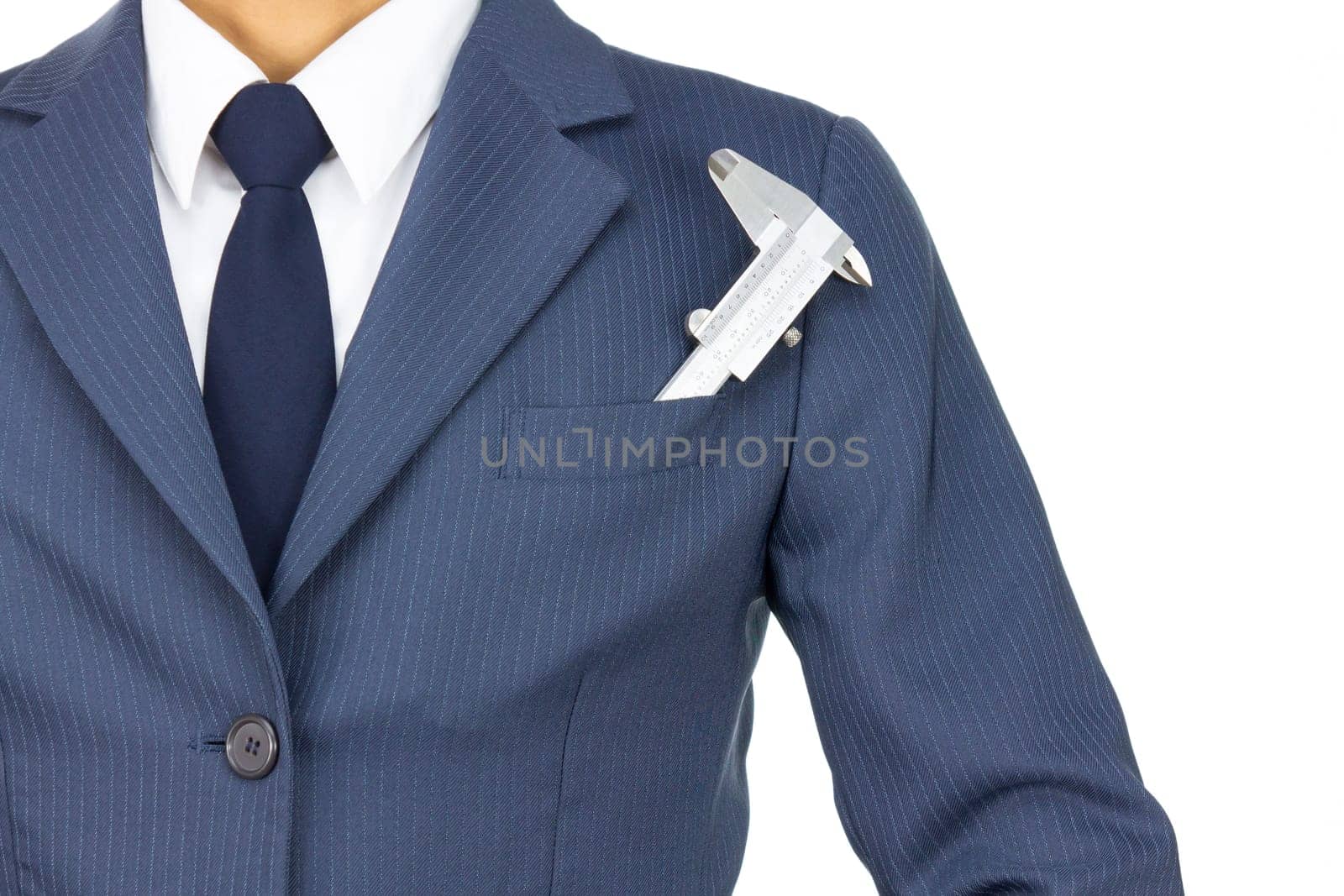 Businessman and Vernier Caliper in Pocket Isolated on White Background. Concept about Technique or Mechanic or Repairing or Maintenance.