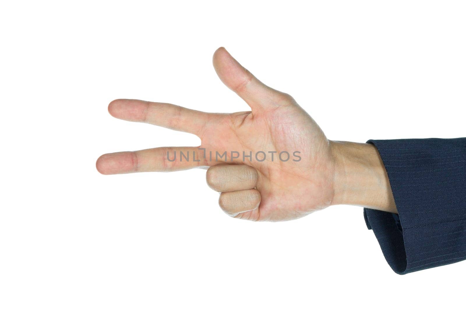 Three finger of businessman isolated on white background. Counting three finger of human.