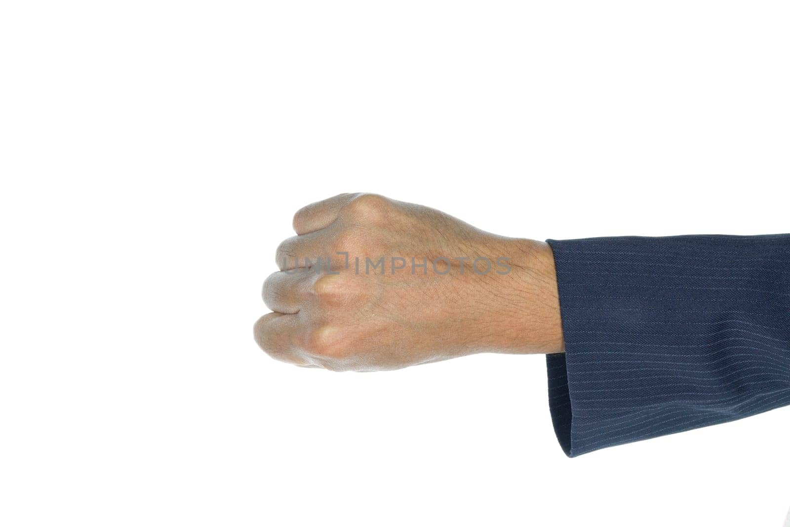 Fist of businessman on top view on white background. Concept about conflict or strong or resist