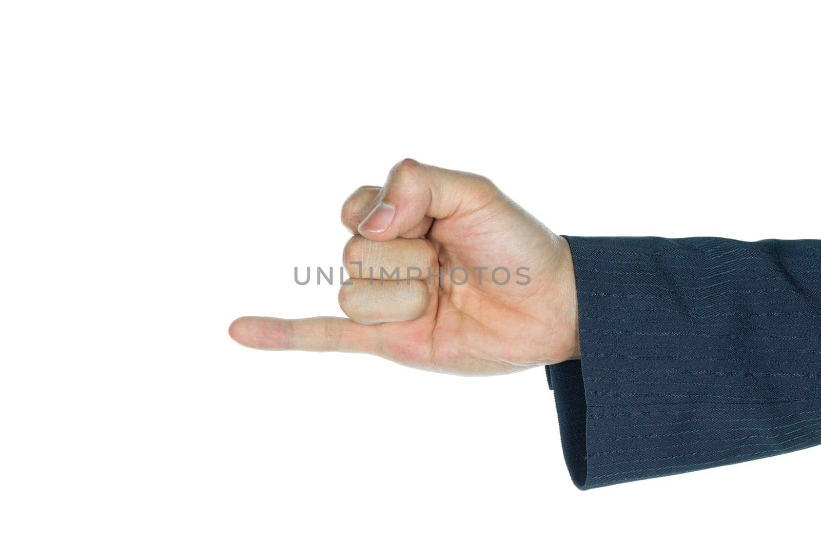 Pinkie or little finger of businessman on white background. Make friendly again finger sign. Sign language of businessman.