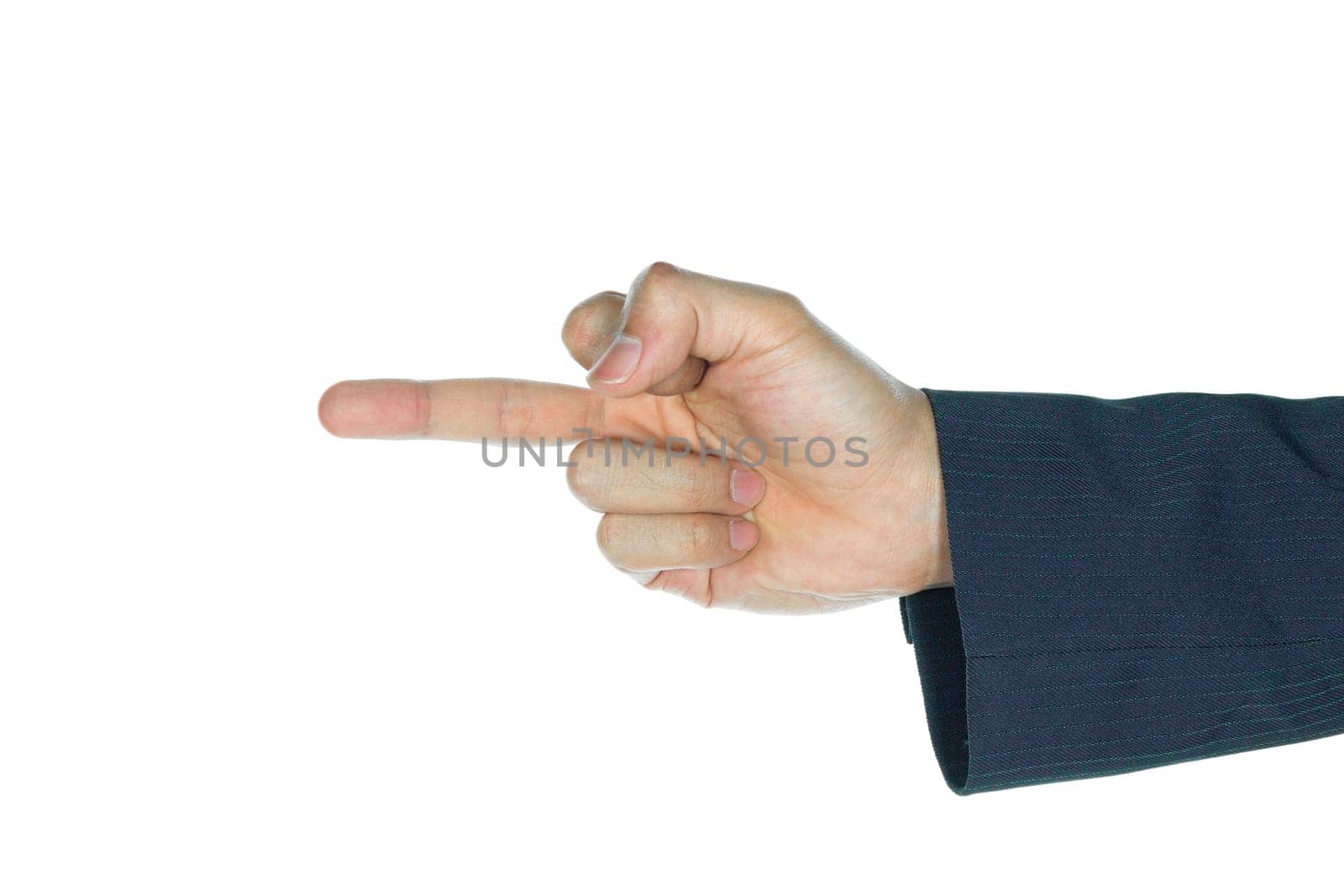Middle finger of businessman on white background. Sign language or hand shape on conflict style.