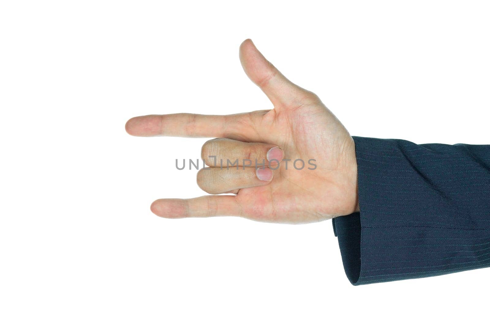 I love you finger sign of businessman on white background. Hand gesture or sign language in I love you style.