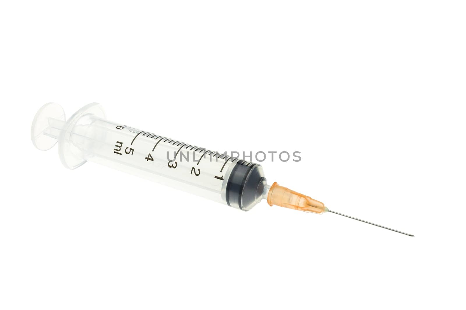 Plastic orange syringe isolated on white background. Single use medical equipment in hospital for injection.