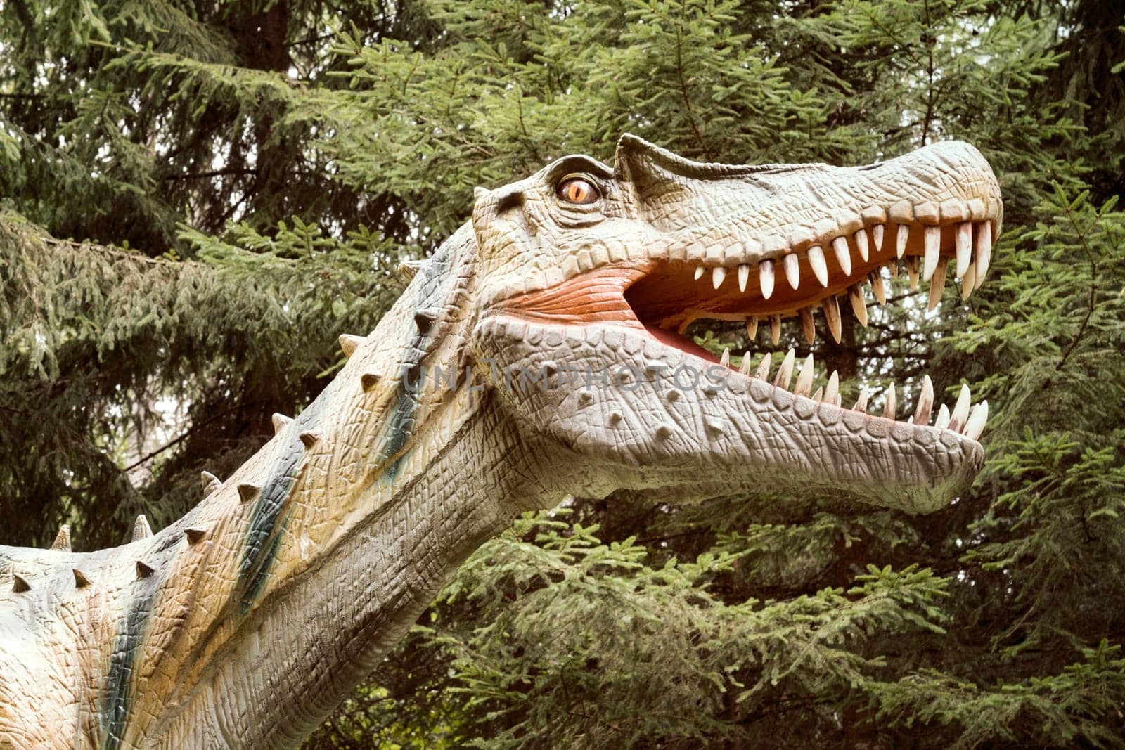 Close-up head of dinosaur with open mouth