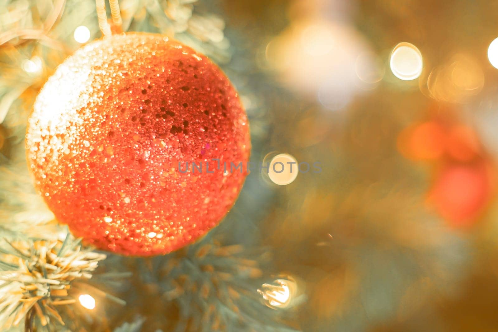 Christmas Tree red Ball And  gold Bokeh Background.