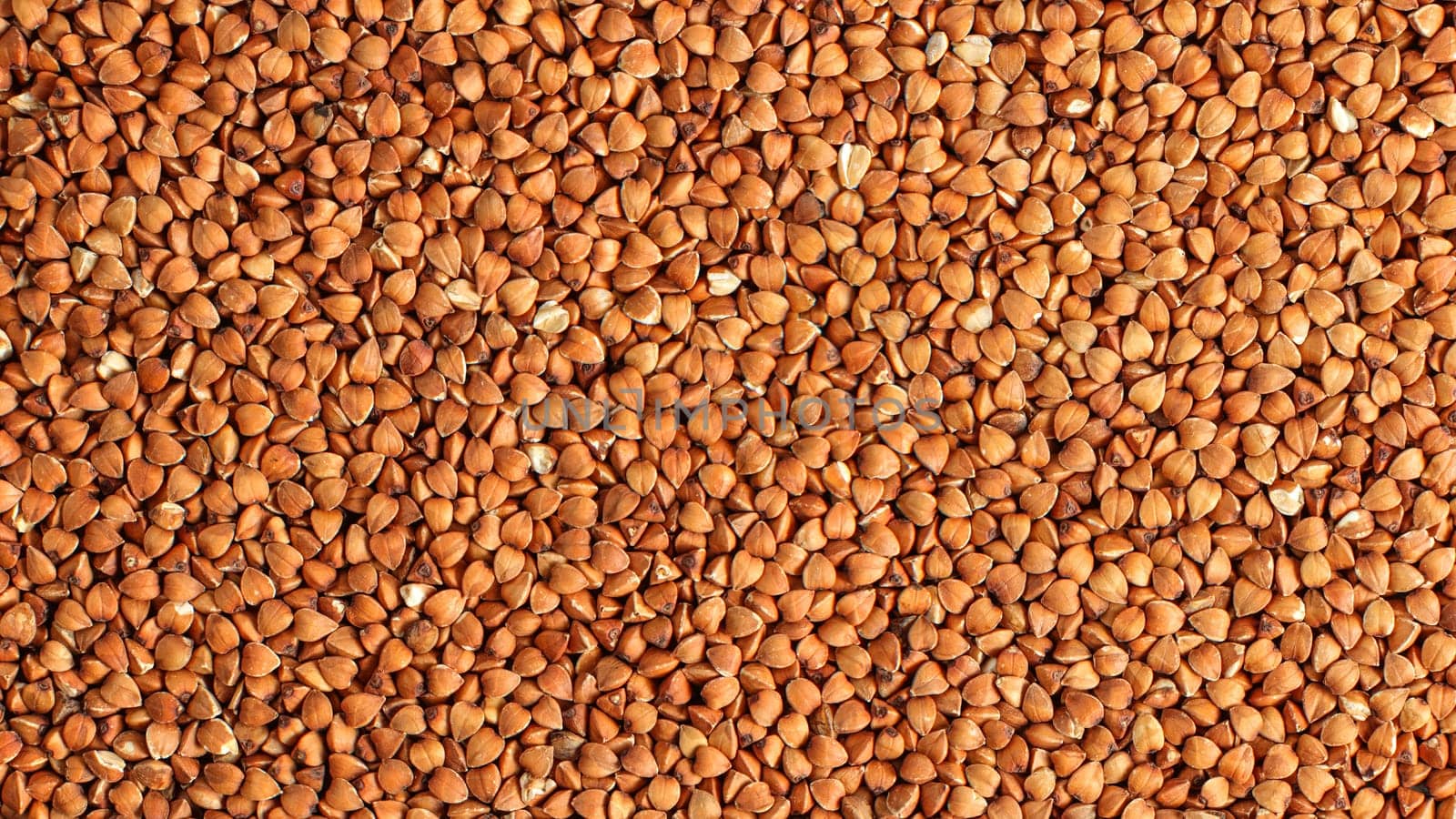 Detail photo of buckwheat (Fagopyrum esculentum) grain seeds heap, shot from above.