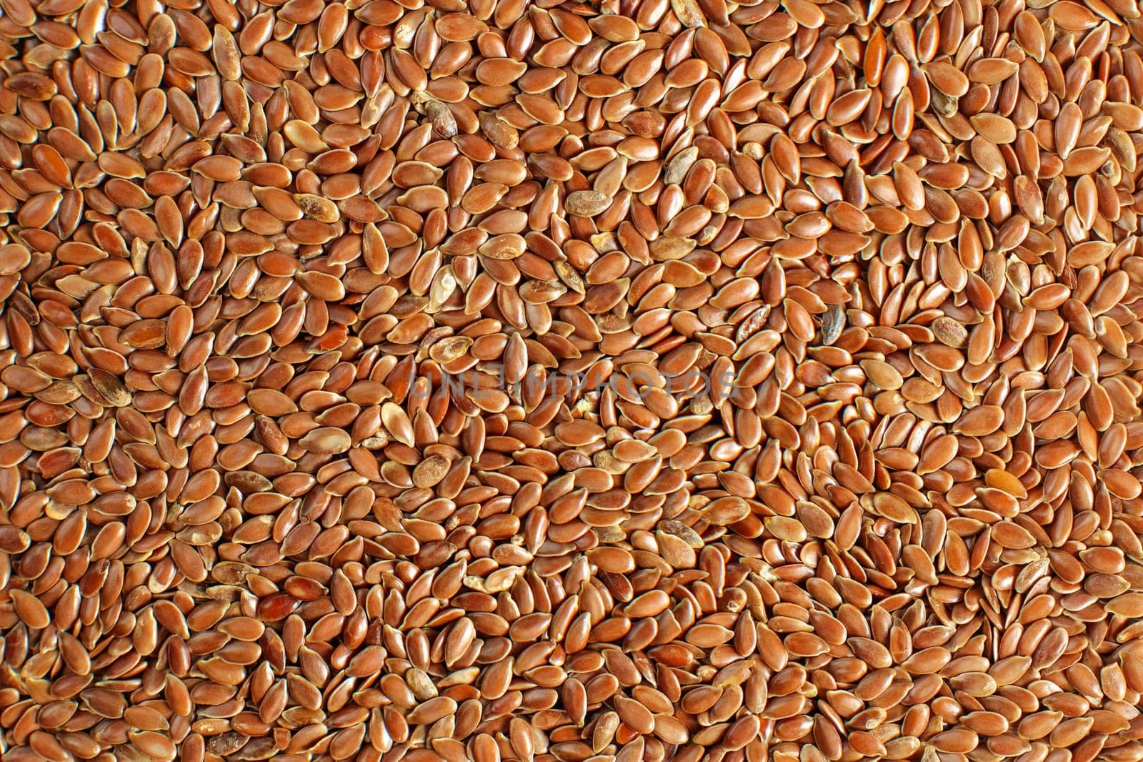 Closeup detail photo of flax (Linum usitatissimum) seeds heap, shot from above.