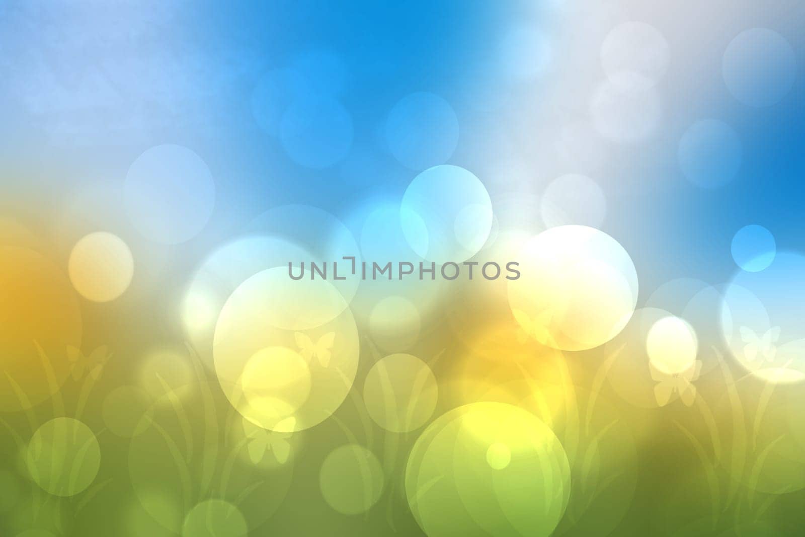 Hello spring background. Abstract bright spring or summer landscape texture with natural green yellow bokeh lights and sunshine on blue sky. Beautiful backdrop with space.
