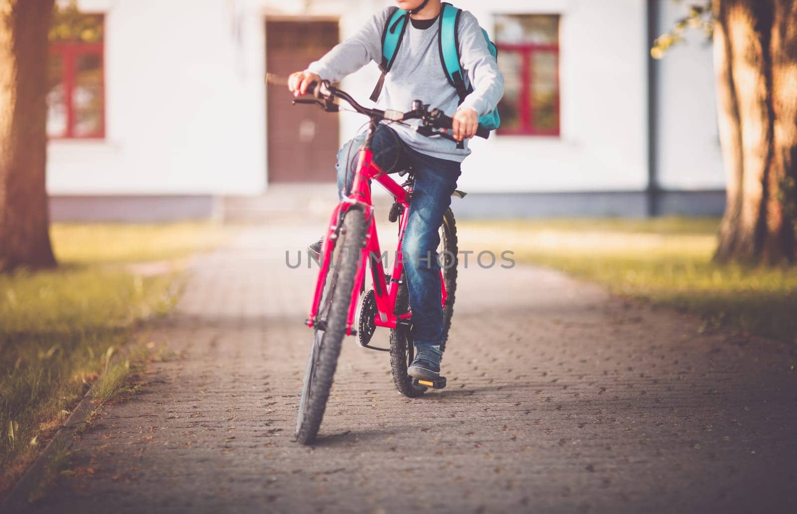 Child on a bicycle at asphalt road in early morning. Boy on bike near school