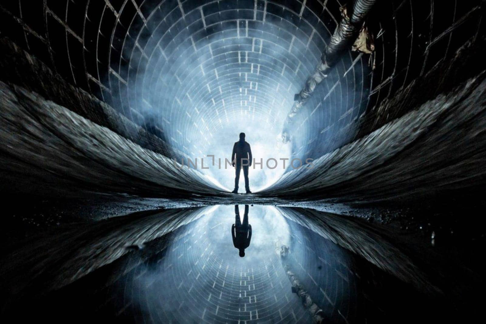 A man stands in a tunnel against the light at the end of the tunnel.