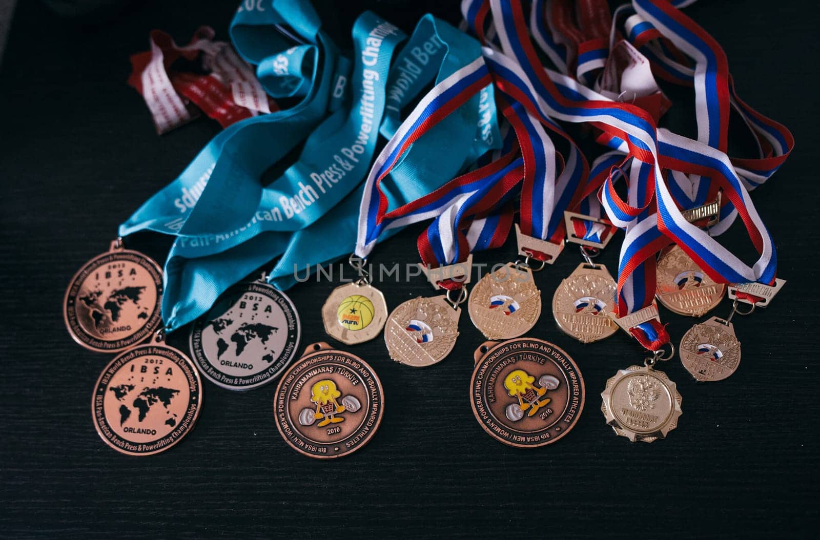 Moscow, Russia - August 20, 2019: Medals received in victories in powerlifting competitions.