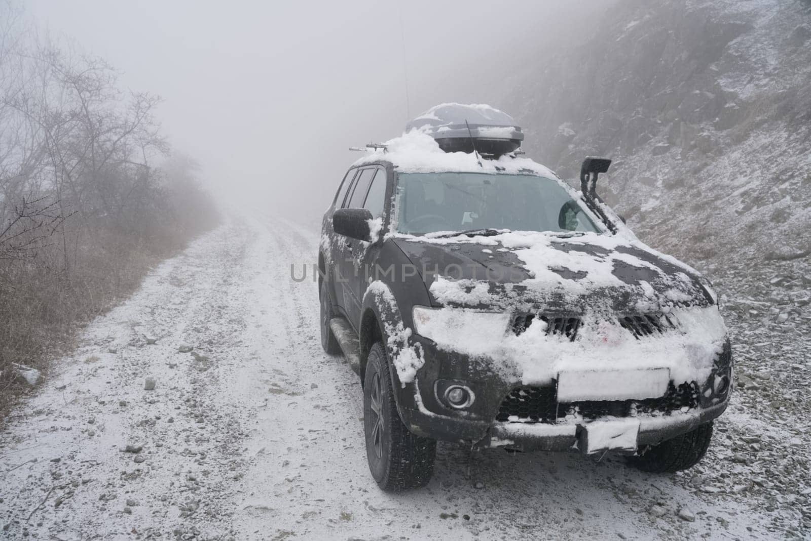 SUV on the rise of snow winter forest