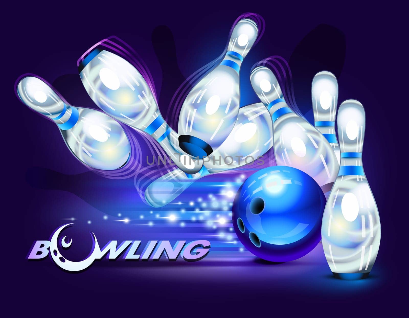 Bowling game, blue bowling ball crashing into the pins