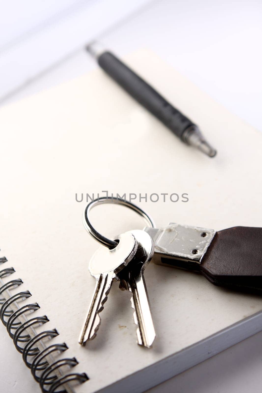 Diary, the handle and keys on a white background .