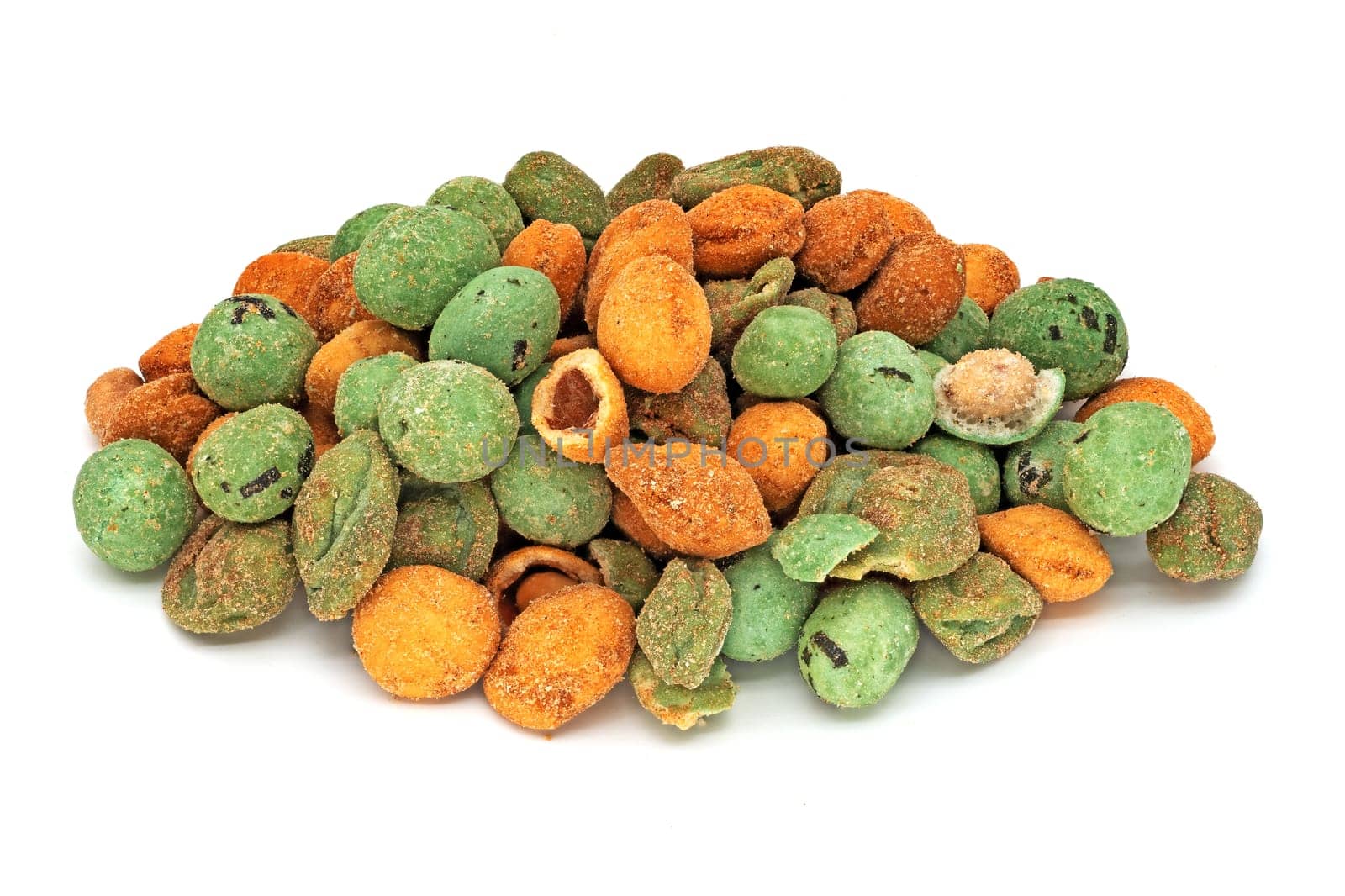 Wasabi Nut, close up of asian snack on white background