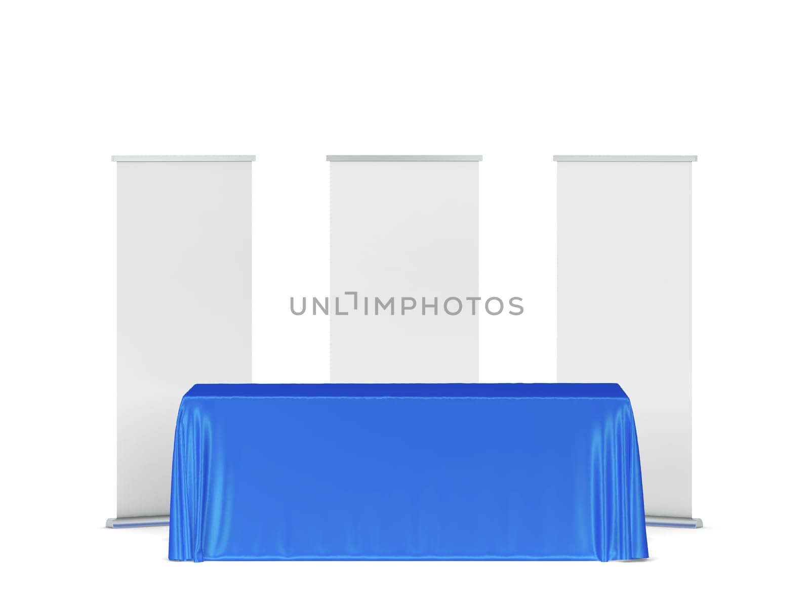 Blank tradeshow tablecloth with roll-up banners aside. 3d illustration isolated on white background