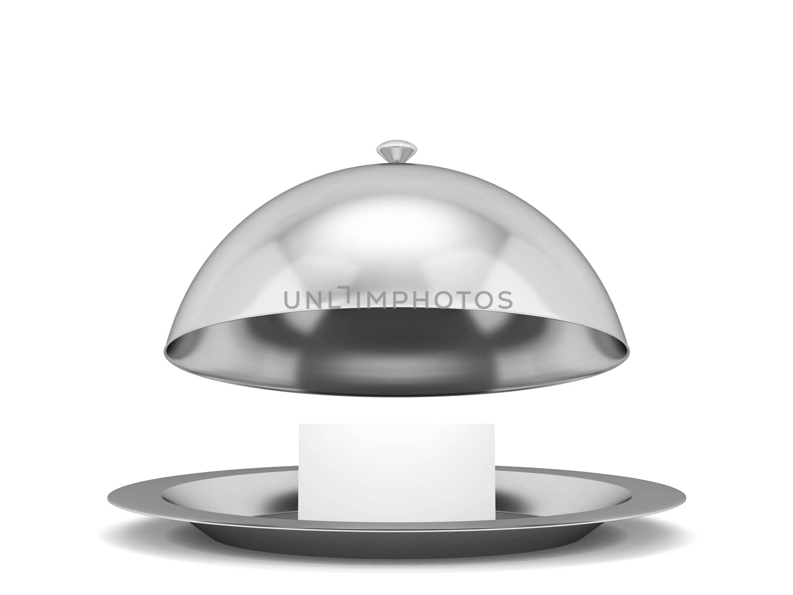 Shiny cloche plate with card inside. 3d illustration isolated on white background