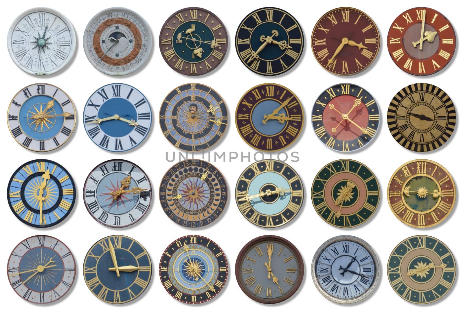 collection of multicolored ancient church tower clocks in different sizes and forms with roman numbers in regular rows on white background
