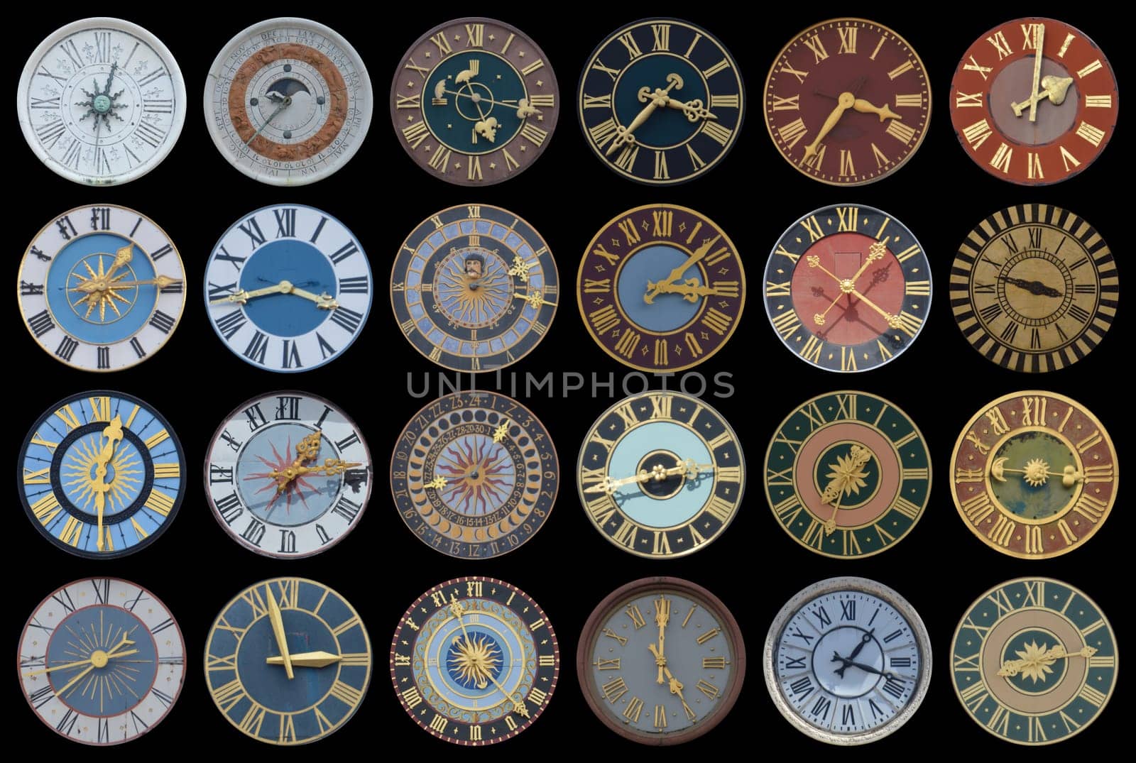 collection of multicolored ancient church tower clocks in different sizes and forms with roman numbers in regular rows on black background