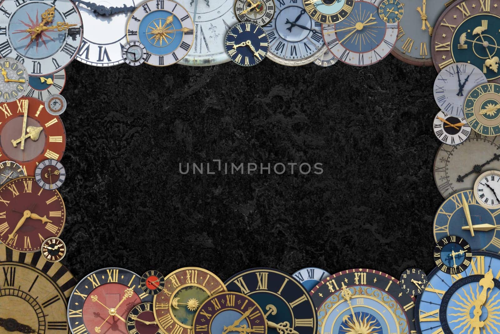 frame out of a collection of multicolored ancient church tower clocks in different sizes and forms with roman numbers around black copy space in the middle