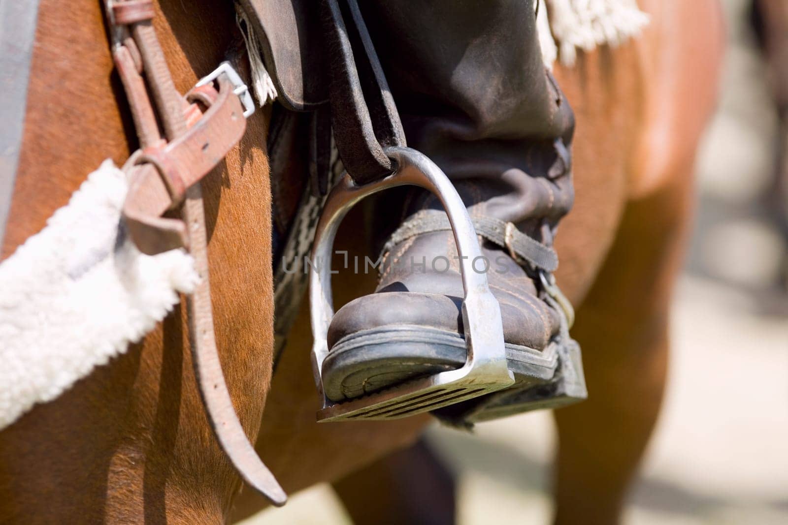 Close-up of a personŽs leg in a stirrup