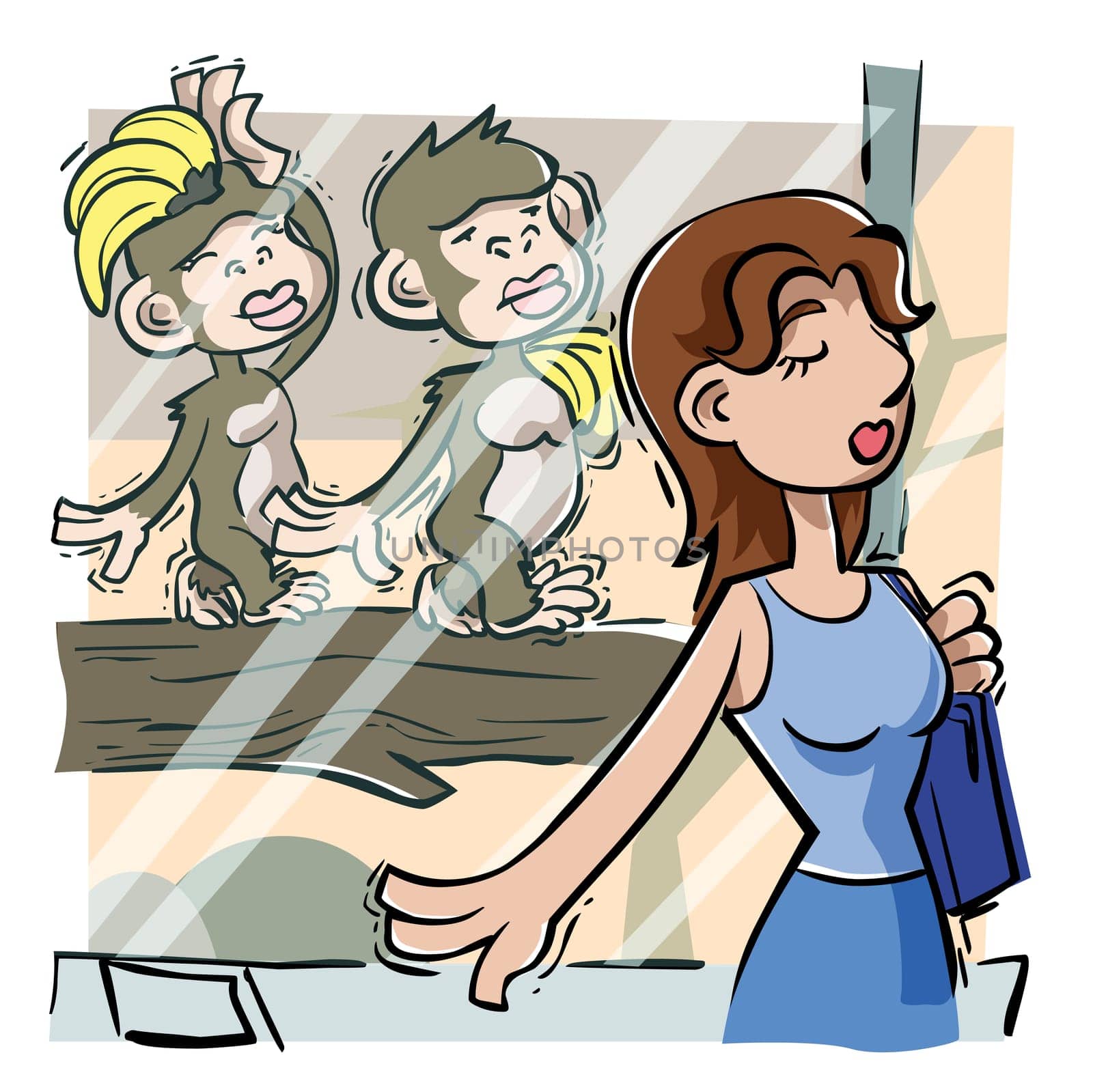Two monkeys imitating a woman walking at the zoo