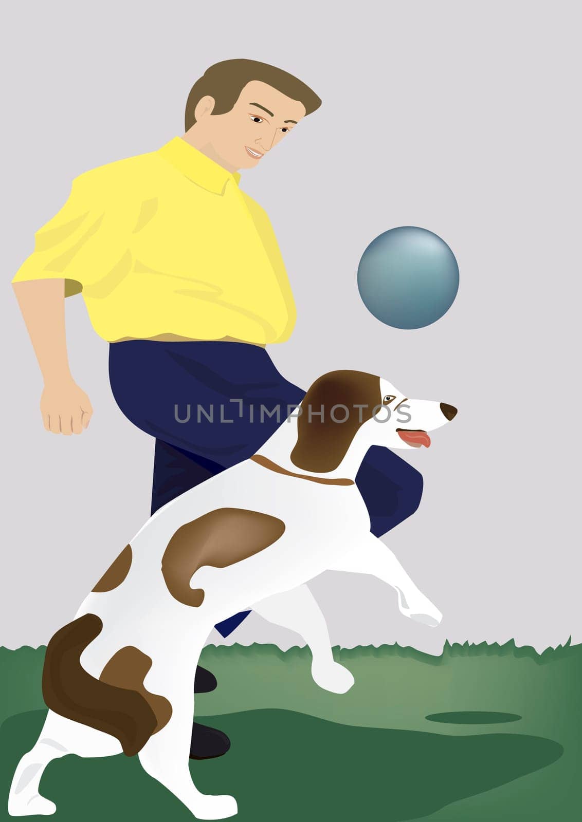 Side profile of a man playing with his dog