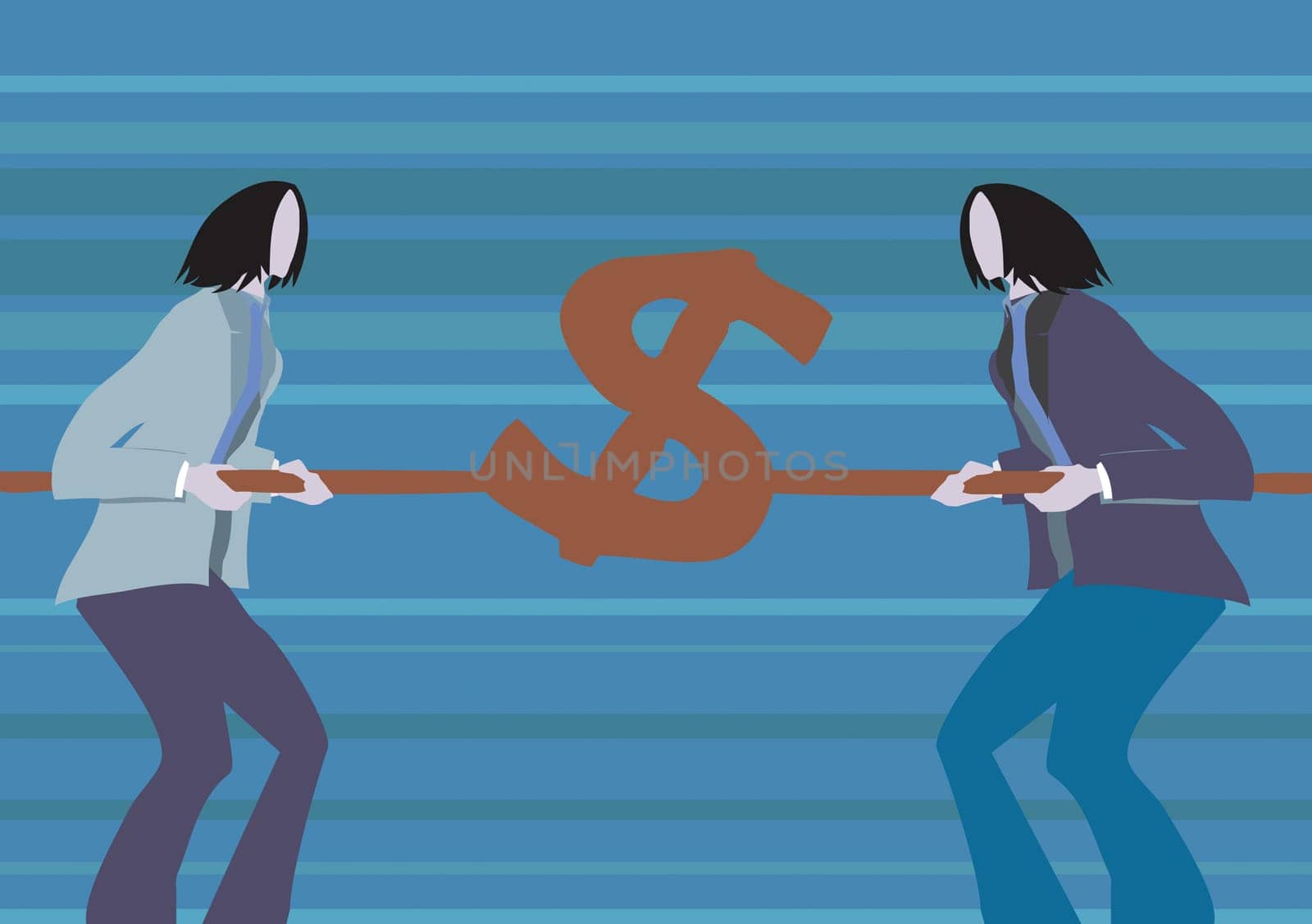 Side profile of two businesswomen holding a dollar sign