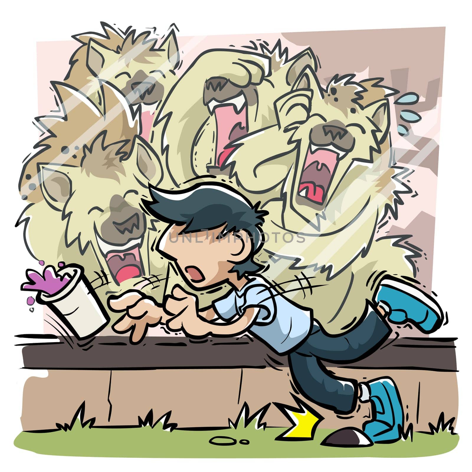 Wolves laughing at a boy tripping over a stone with a drink