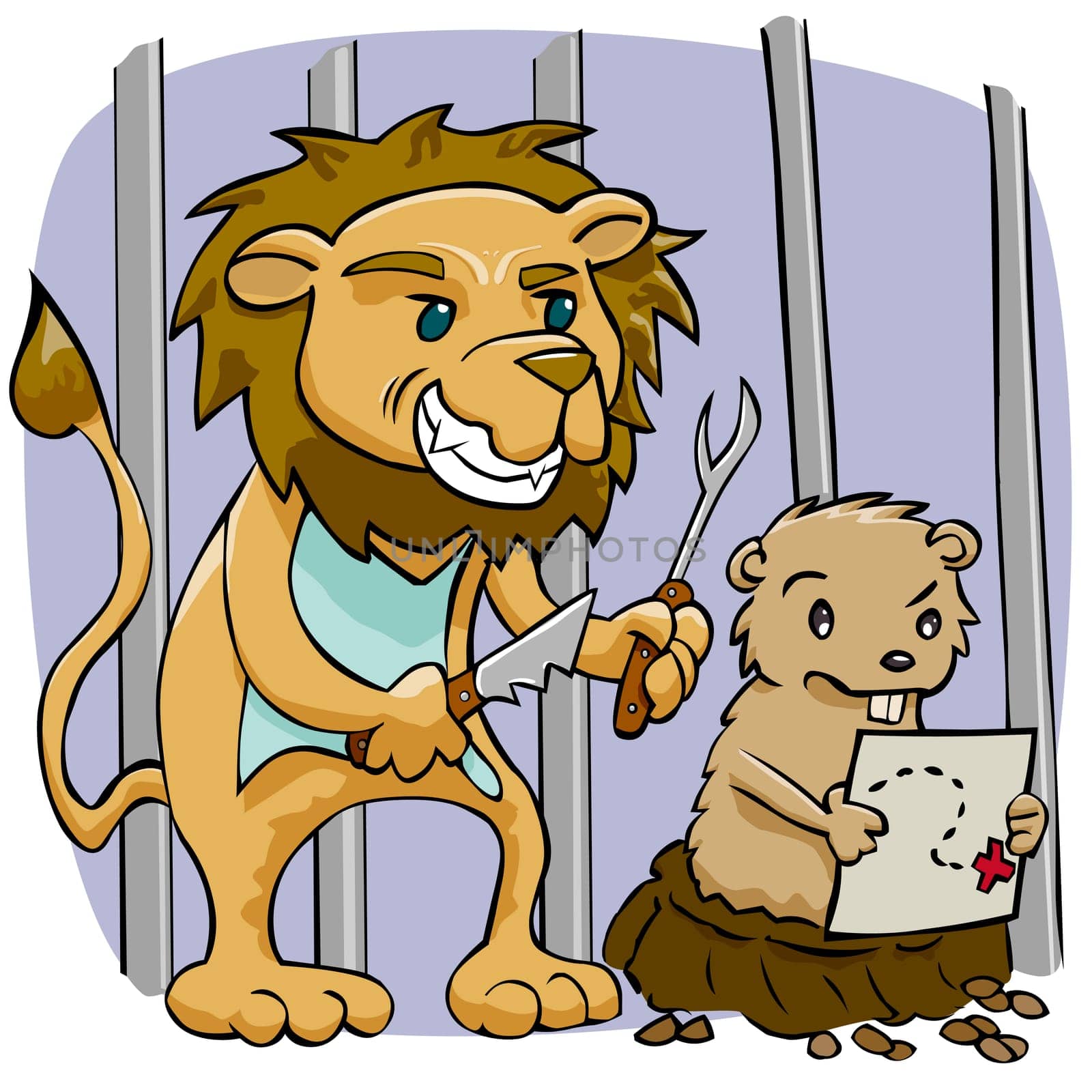 Lion standing behind a mouse holding a fork and a knife