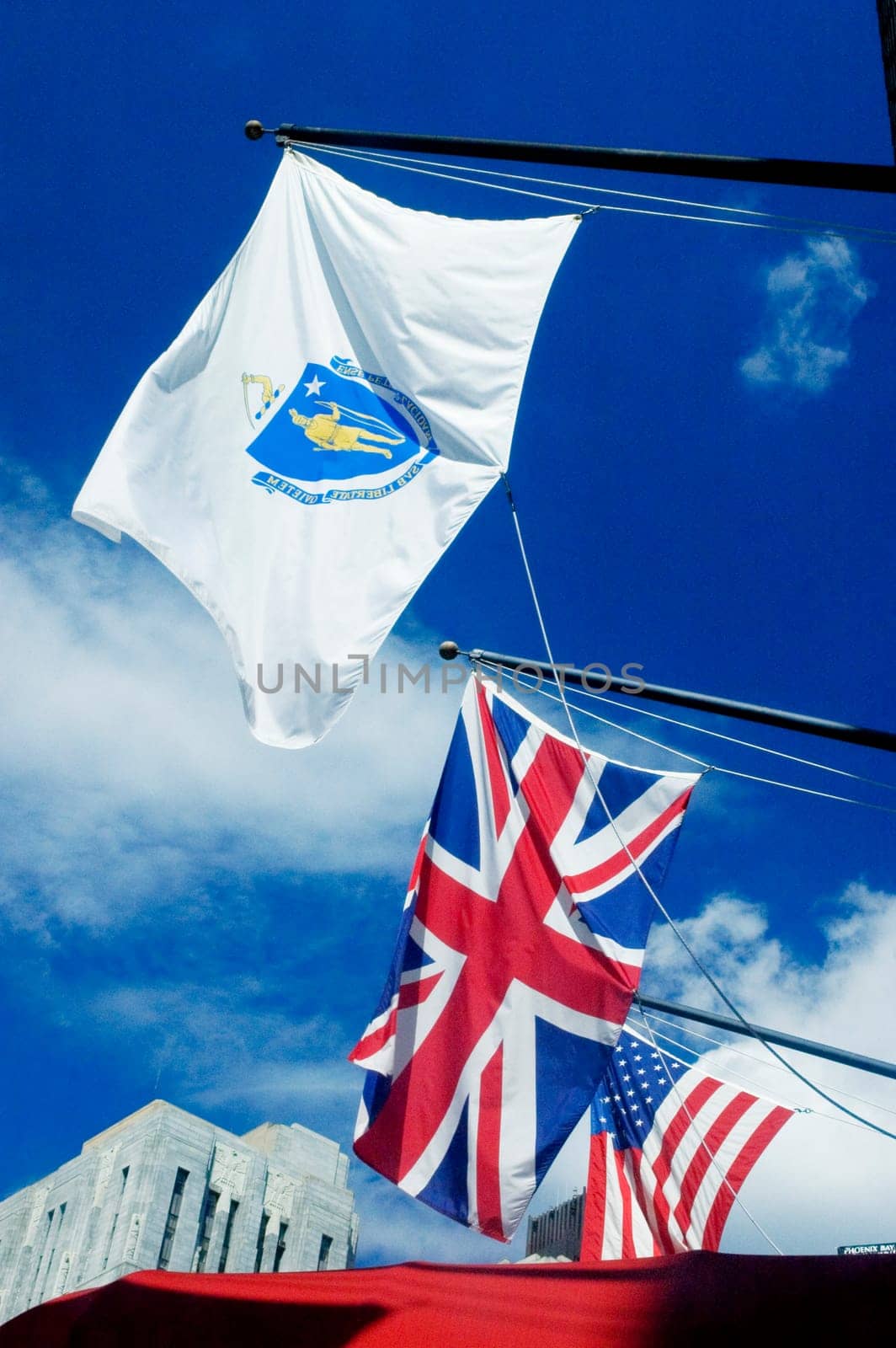 Low angle view of the British and American flags, Boston, Massachusetts, USA