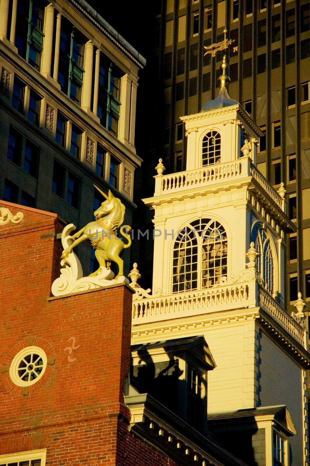 High section view of buildings in a city, Old State House, Boston, Massachusetts, USA