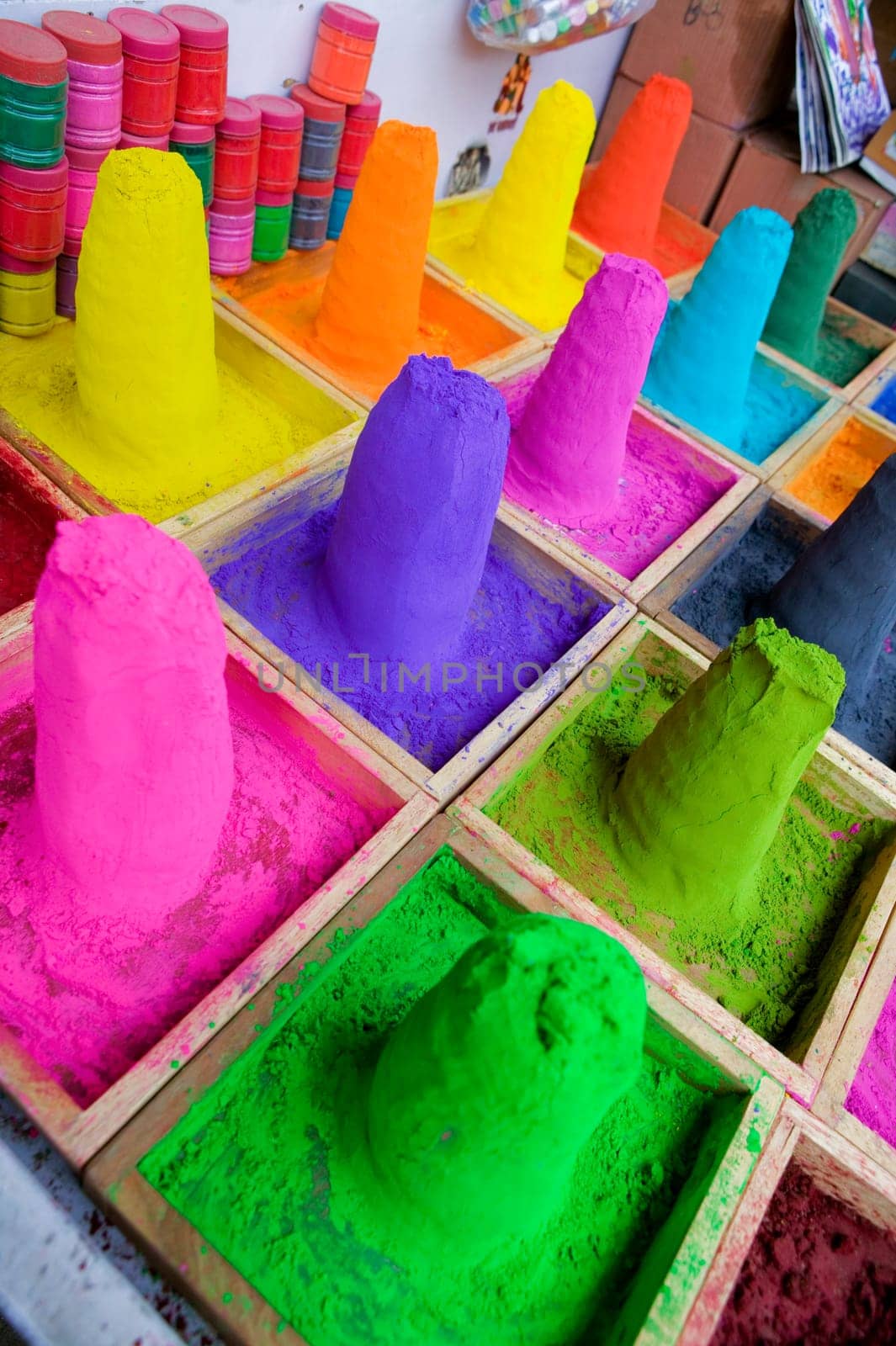 Close-up of mounds of colored powder used for Hindu rituals, Pushkar, Rajasthan, India