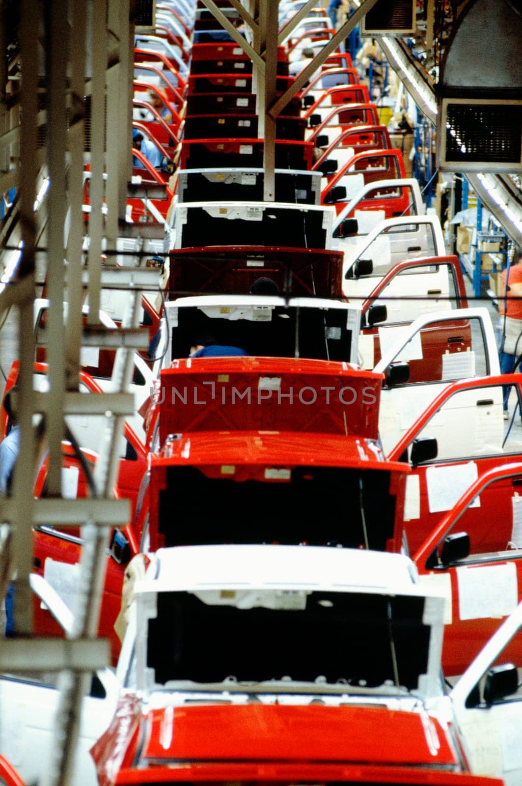 High angle view of manufactured cars on an assembly line in a factory, Smyrna, Tennessee, USA