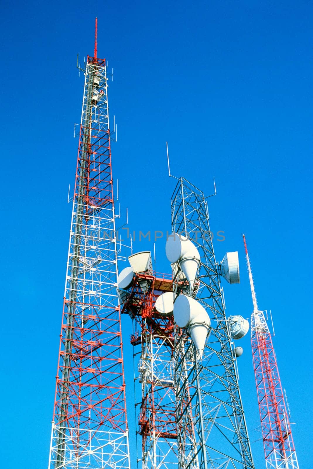 Low angle view of microwave radio towers, Washington DC, USA