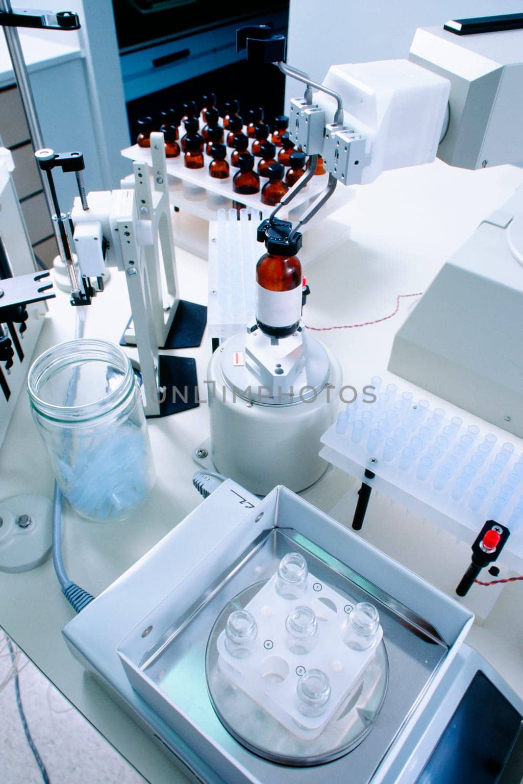 High angle view of a robot arm used to prepare artificial flavor samples
