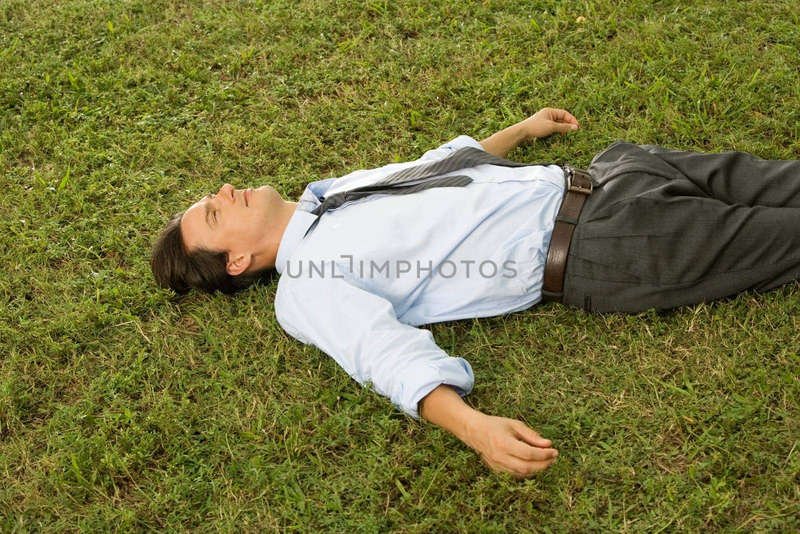 High angle view of a businessman lying on the grass