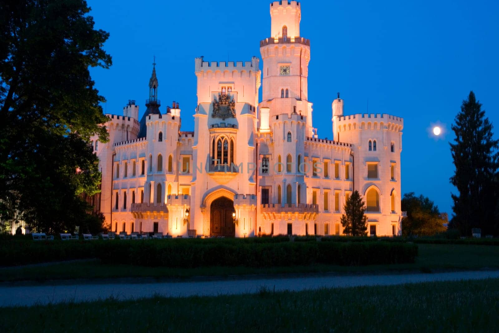 Building lit up at night, Czech Republic