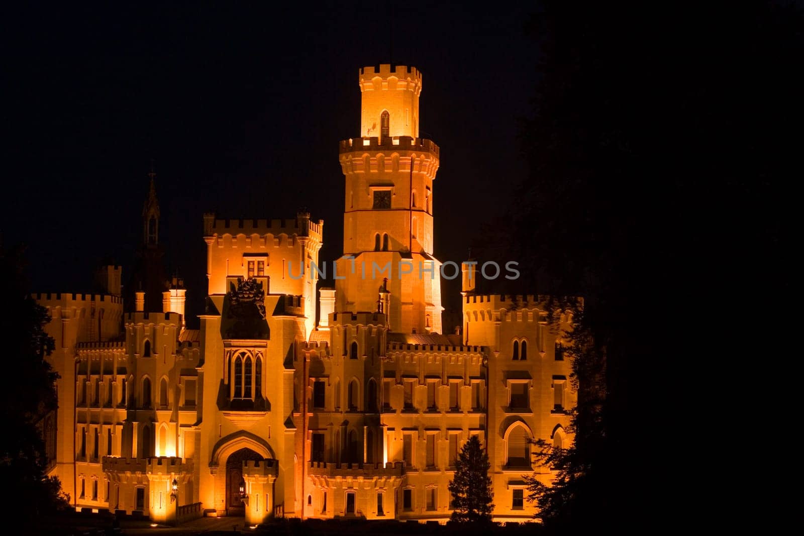 Building lit up at night, Czech Republic