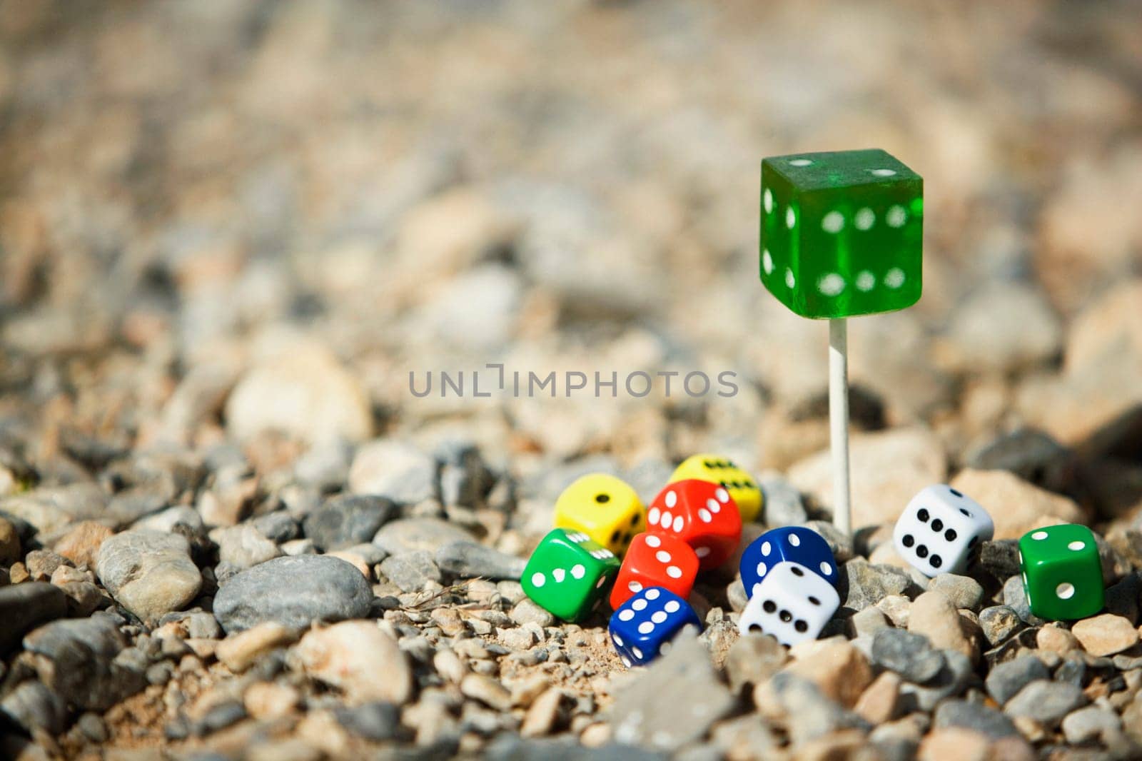 Close-up of dice on pebbles, Las Vegas, Nevada, USA