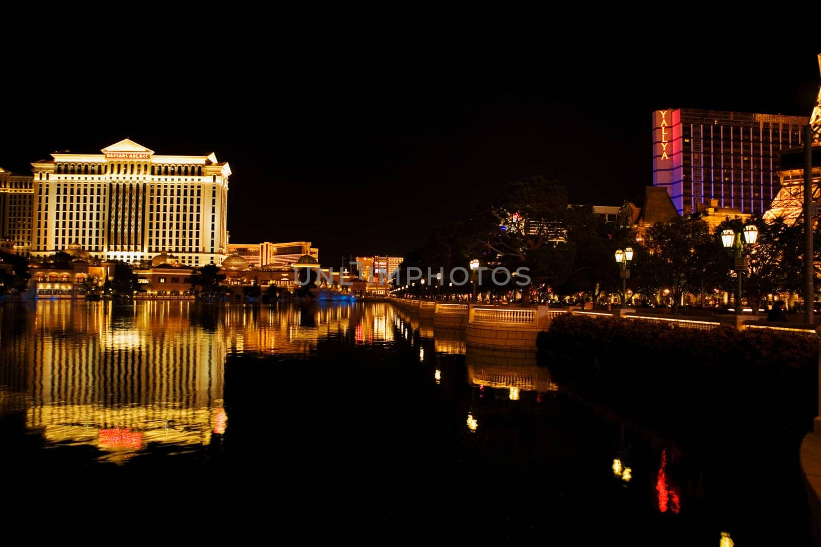 Buildings at the waterfront lit up at night, Las Vegas, Nevada, USA
