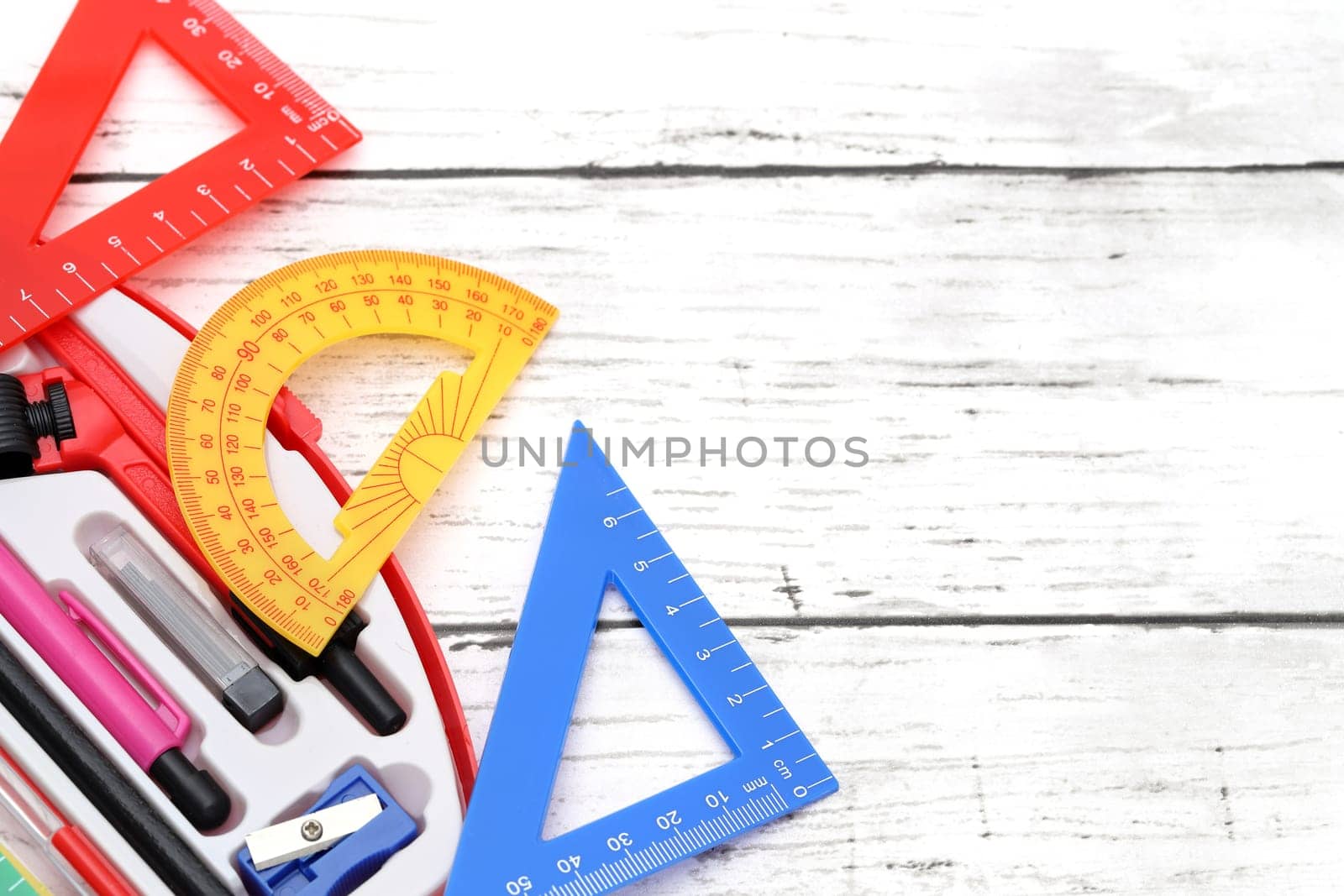 School supplies on a white wooden table