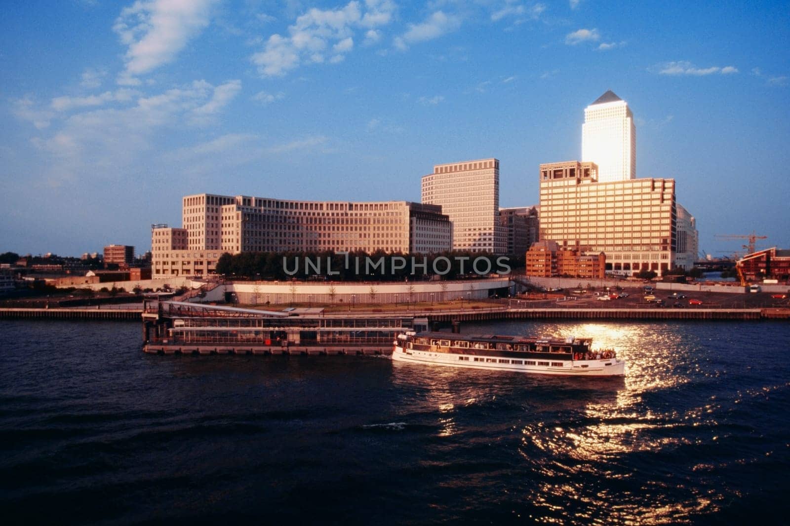 Distant view of Canary Wharf, River Thames in London, England