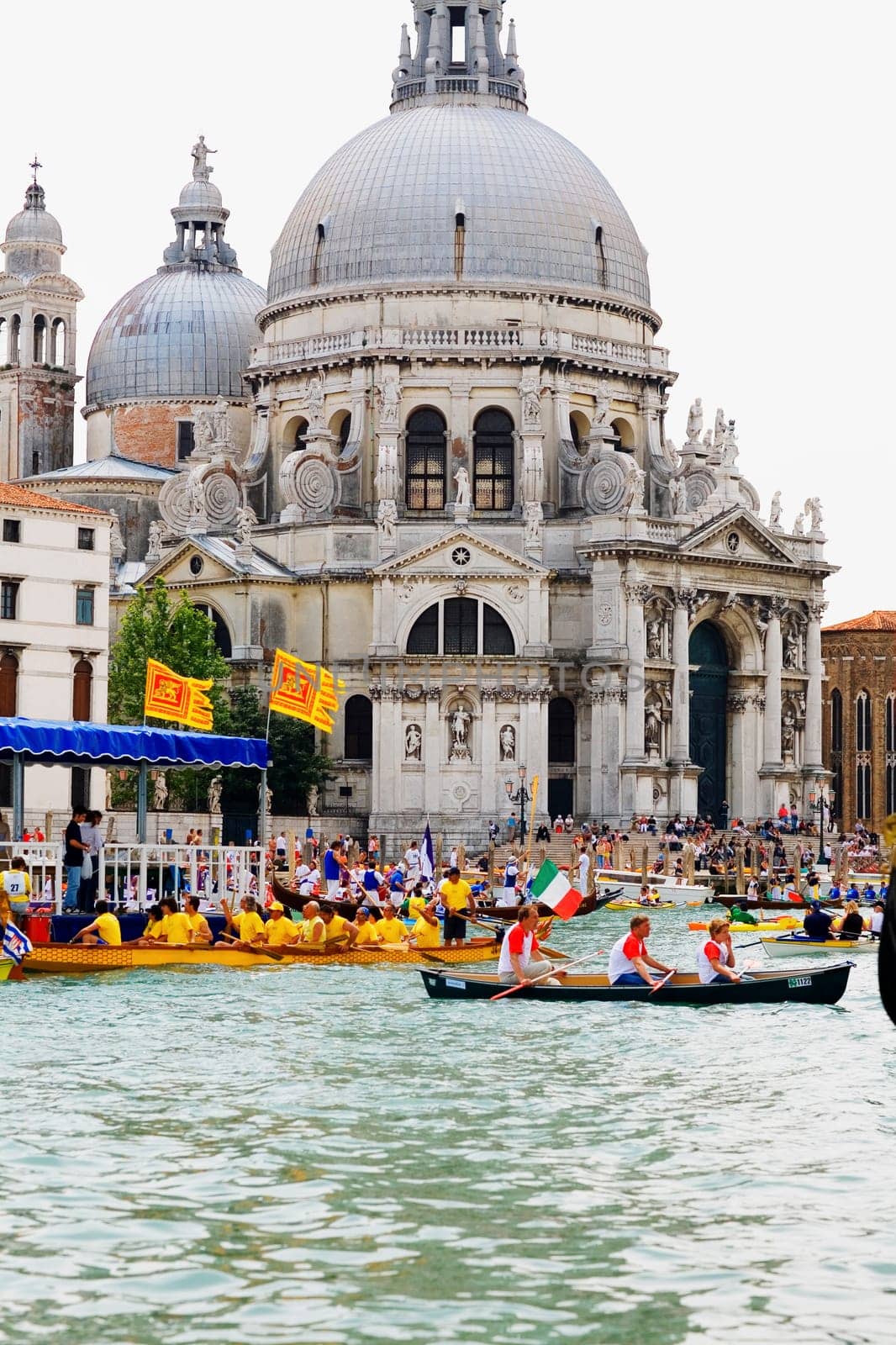 Gondolas in front of a church, Regatta Storica, Santa Maria Della Salute, Venice, Italy