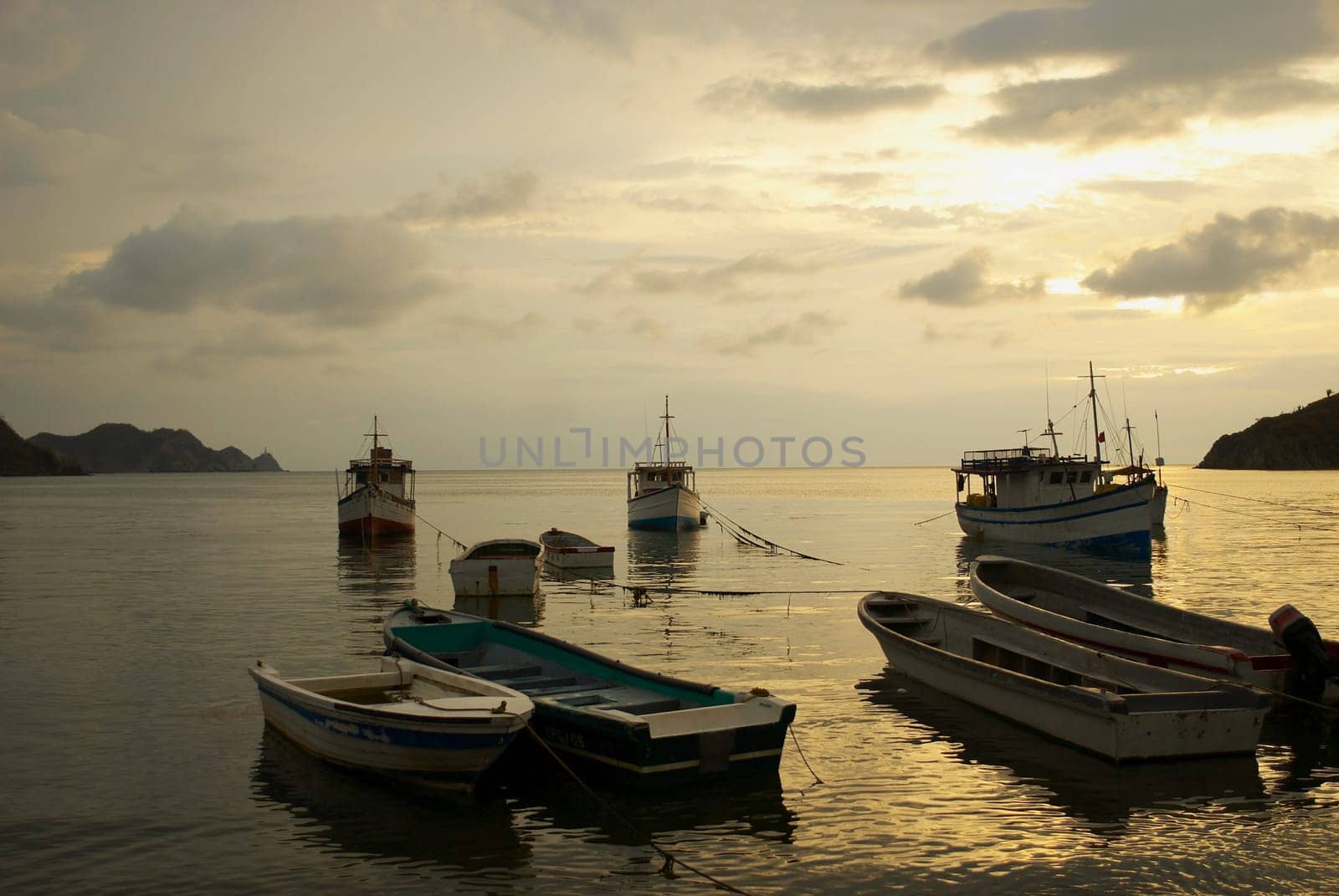 Boats anchored at the port, Taganga Bay, Departamento De Magdalena, Colombia