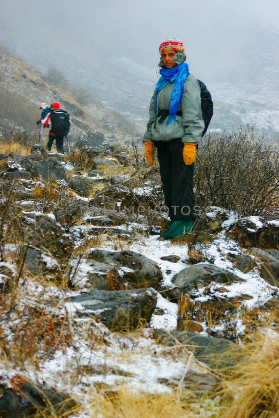 Portrait of a female hiker standing on a mountain, Machhapuchhare, Annapurna Range, Himalayas, Nepal